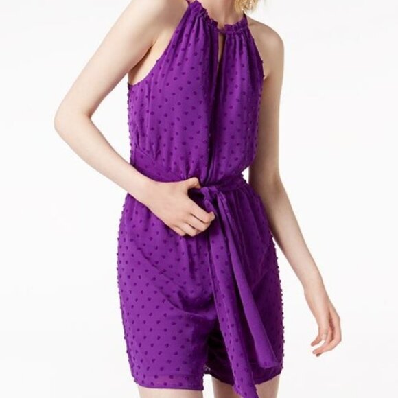 Bar III Purple Swiss Dot Keyhole Halter Romper - Picture 1 of 7